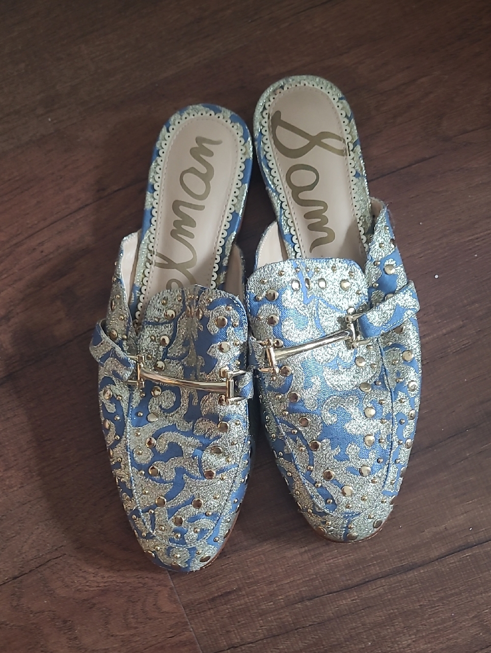 Sam Edelman Blue and Gold Embellished Slip-On Mules